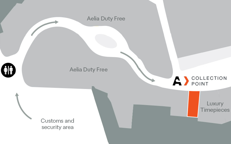 Map showing location of The Mall Collection Point located next to Luxury Timepieces in the international terminal after customs.